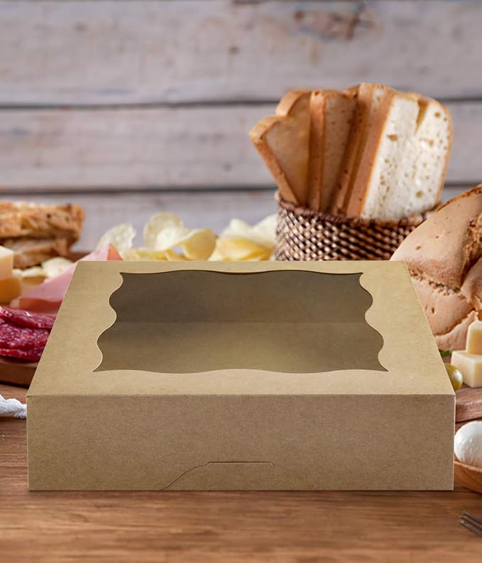 CHERRY 10"x10"x3"Brown Bakery Boxes with PVC Window for Pie and Cookies Boxes Large Natural Kraft Paper Box, Pack of 12