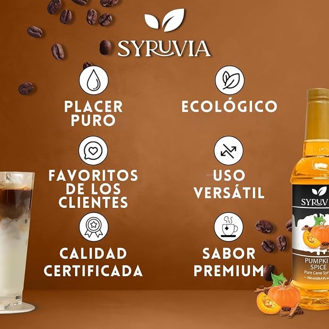 Syruvia Coffee Syrup, Pumpkin Spice Flavored Syrup for Drinks, Lattes, and Desserts – 25.4 fl oz - with Pump