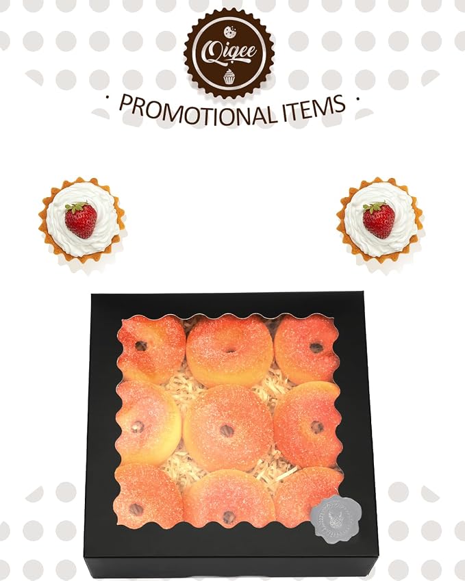qiqee Auto-pop Up 30pcs Pie Box With Window 9x9x2.5 Inch Donut Pastry Boxes Black Bakery Box