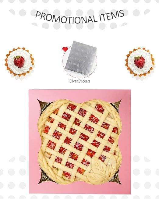 qiqee Auto-pop Up 12Packs Pink Pie Boxes with Window 12x12x3 Inch Cookie Donut Bakery Box