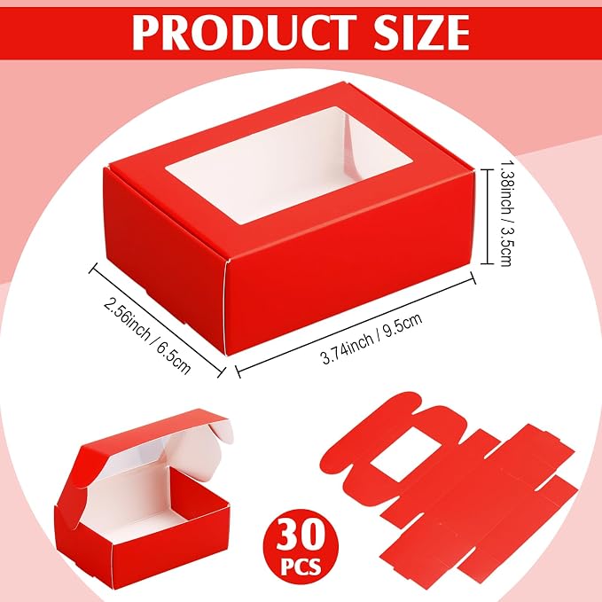 Zonon 30 Pcs Soap Boxes for Homemade Packaging, Mini Kraft Boxes with Window for Bakery Candy Soap Making Gift Packaging, 3.7x2.6x1.4 Inch (Red)