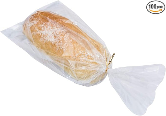 Wowfit Bread Poly Bags – Pack of 100 Entirely Transparent Clear Bakery Bags – Bread Packaging Bags with 100 Gold Twist Ties – 6x3x15-Inch Grocery Bread Bags