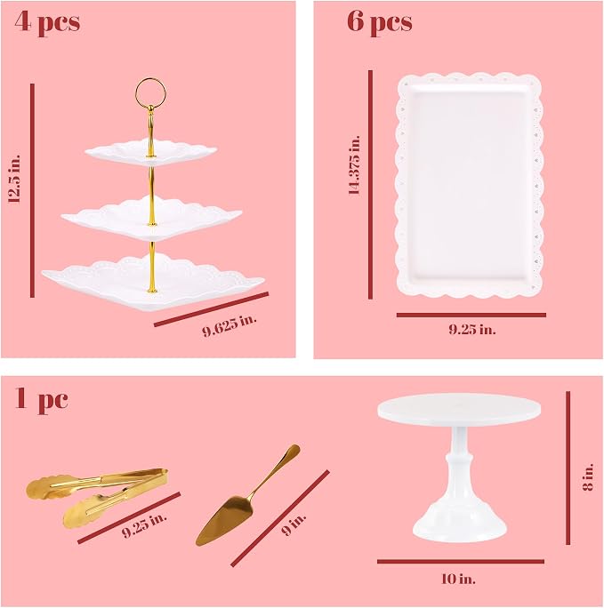 13-Piece Cake Display Set, 4 Square 3-Tier Cupcake Stands, Large Cake Stand, 6 Rectangular Trays, Golden Tongs & Server – Dessert Table Display for Weddings, Baby Showers & Parties