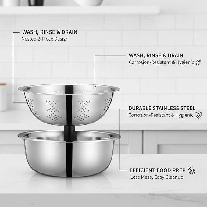 2-Piece Stainless Steel Nested Bowl Set, Deep Basin for Washing Veggies, Draining Pasta, and Food Prep (Silver)