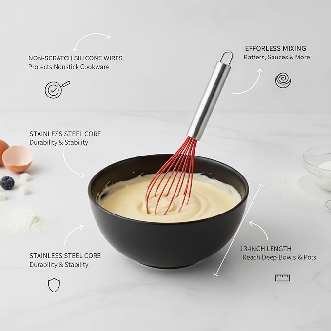 Silicone Whisk, Non-Scratch Coated Wires with Stainless Steel Core for Mixing Batters and Sauces in Nonstick Cookware, 13 Inch (1 PC)