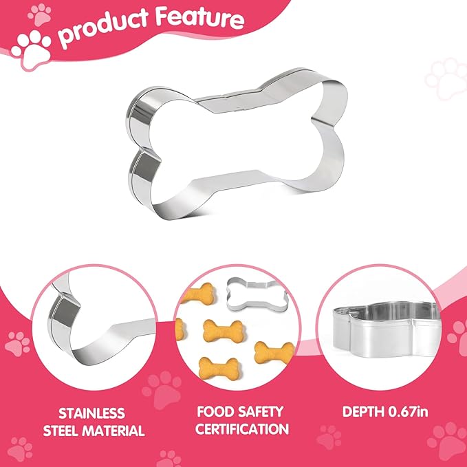6 PCS Bone and Dog Footprints Cookie Cutters Set, 3 Sizes Stainless Steel Bone & Paw Print Shaped Cookies Cutter for Homemade Baking Theme Party Homemade Treats