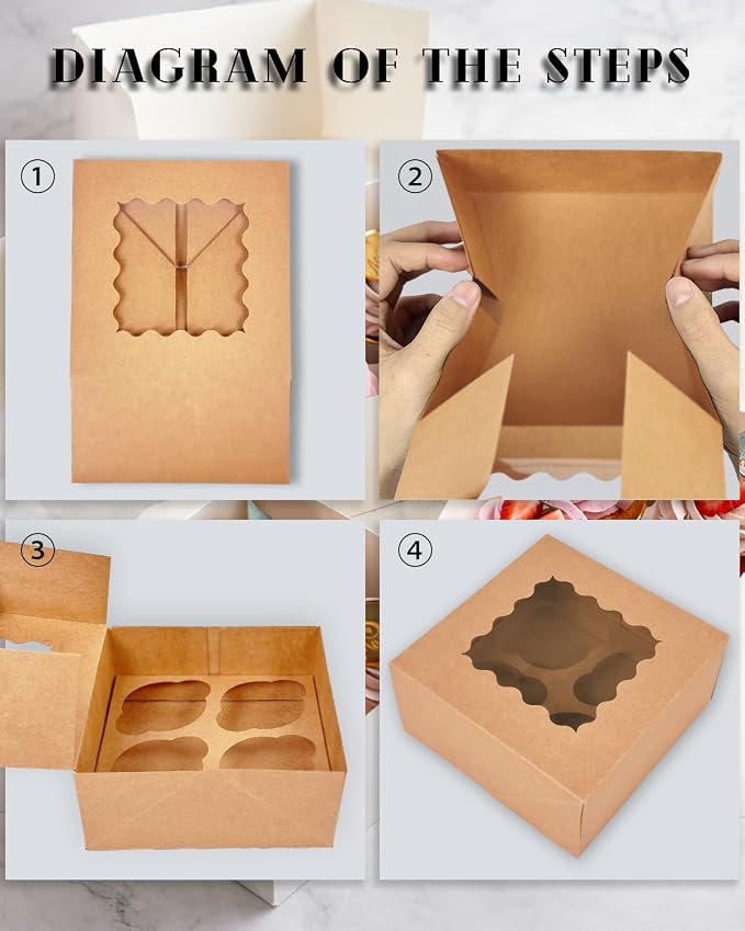 Bakepacker Auto-pop up 4 Cupcake Boxes with Window 20 Count Brown Box 6.3 x 6.3 x 3inch Cupcake Carrier