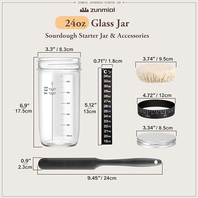 zunmial Sourdough Starter kit, 34OZ Sourdough Starter Jar with Date Marked Feeding Band, ThermometerCloth Cover & Metal Lid, Reusable Sourdough Bread Baking Supplies, Home Baking Gifts