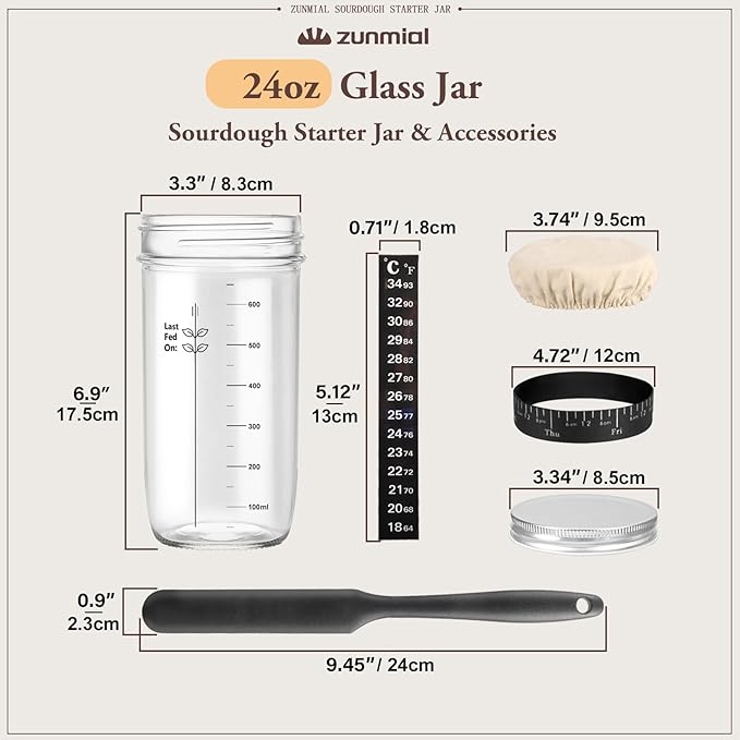 zunmial Sourdough Starter Jar, 24 oz Sourdough Starter Kit with Date Marked Feeding Band, Thermometer, Cloth Cover & Metal Lid, Reusable Sourdough Bread Baking Supplies, Home Baking Supplies