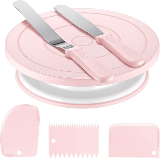 Kootek Cake Decorating Kit Baking Supplies Set Cake Turntable with 2 Frosting Straight Angled Spatula 3 Icing Smoother Scrapers Baking Accessories Tools for Beginners and Pros Mother's Day, Light Pink