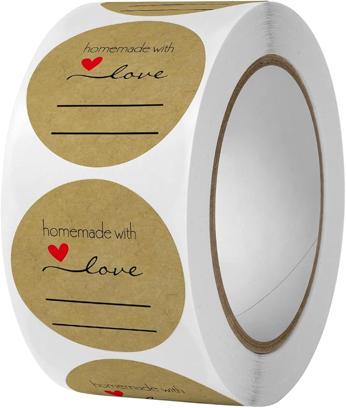 1000PCS Homemade with Love Stickers,1 Inch Small Round Kraft Baking Stickers Label Sticker for Baked Goods Packaging Jam, Jelly Jar Canning Bottles,Cookie Bags with Lines (Brown)