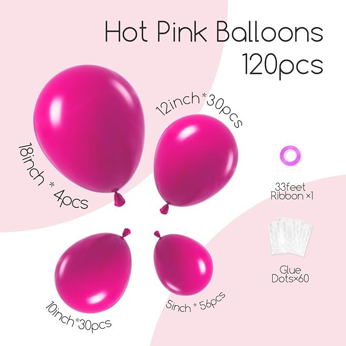 120pcs Hot Pink Balloon Arch Kit, 18 12 10 5 inch Hot Pink Latex Balloons Different Sizes Balloon Garland for Engagement Bridal Bachelorette Tropical Birthday Party Decorations