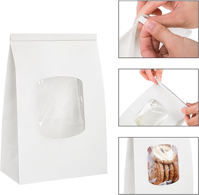 Okllen 100Pcs Bakery Bags with Window, 6x3x9 Inches White Tin Tie Tab Lock Kraft Paper Bags for Cookies, Coffee Beans