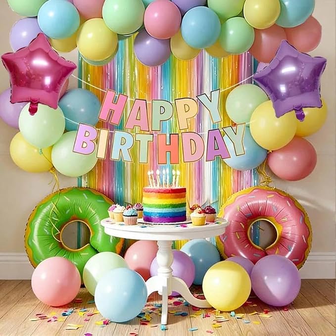 Pastel Birthday Decoration Kit Happy Birthday Banner Macaron Fringe Curtains Green Pink Candy Donut Star Foil Balloon Rainbow Colorful Double Stuffed Balloons for Girls Baby Shower Easter Party Decor