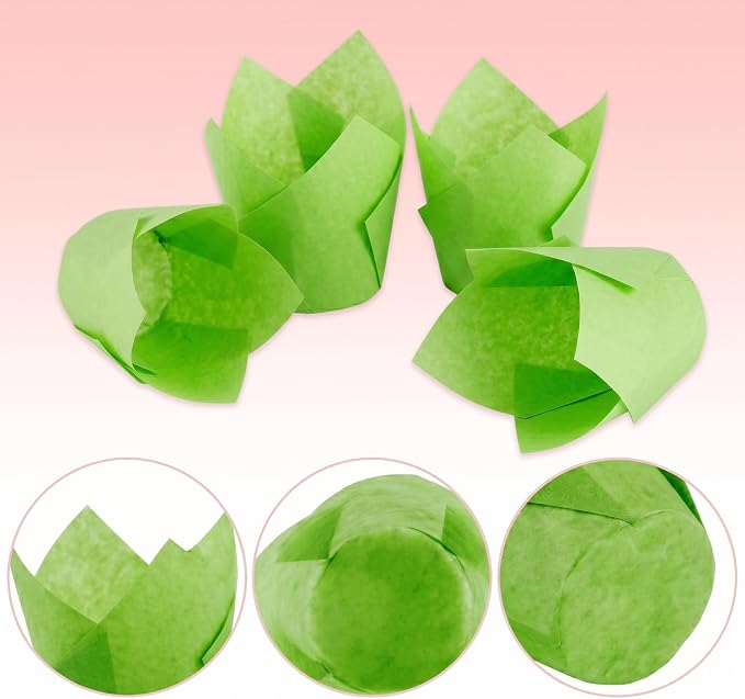 200 Pcs Green Tulip Cupcake Liners for Baking, Standard Size | Standard Greaseproof Tulip Muffin Liners for Baking, 3oz Green Paper Cupcake Wrappers for Party Wedding Birthday