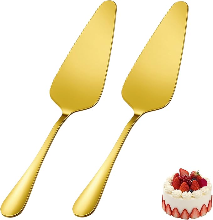 Cake Pie Server, 2 Pack Stainless Steel Pizza Pastry Cake Slicer Server Set, Gold Cake Cutter with Serrated Edges for Kitchen, Restaurants, Wedding, Birthdays and Parties