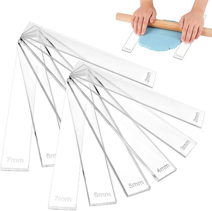 12Pcs 6 Size Acrylic Polymer Clay Depth Guide Set, 2,3,4,5,6,7mm Adjustable Clay Rolling Pin Guide, Roller Depth Guides Pottery Tools for Polymer Thickness (Color:Clear)