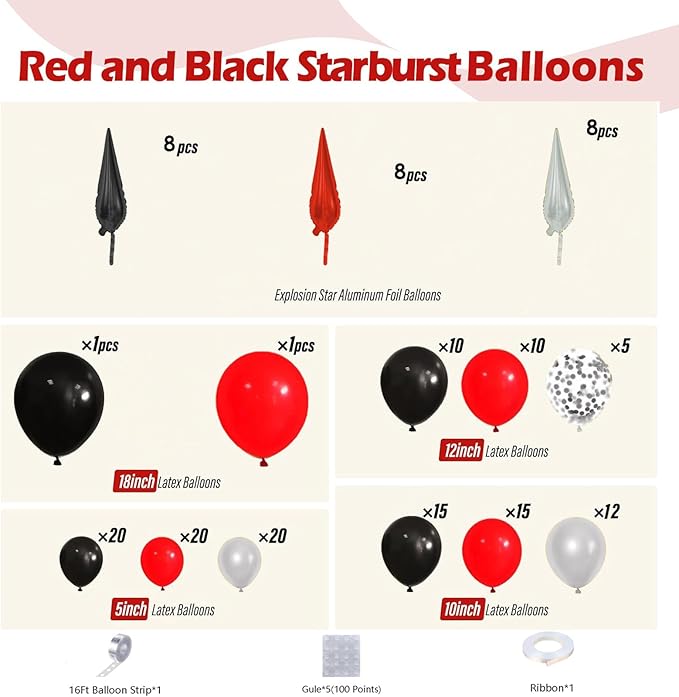 Bonropin 161pcs Red and Black Balloon Arch Kit with Explosion Star Balloons, 5/10/12/18in Red/Black and Metallic Silver Balloons Garland Kit for Birthday Prom Graduation Party Decorations