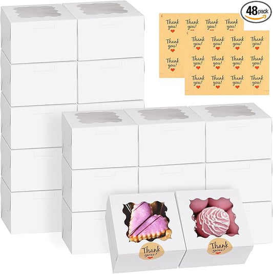 WINKIO 48pcs White Cookie Boxes, 4x4x2.5 Inches Bakery Boxes with Window, for Mini Cake Treat Dessert Pastry Donuts Macaroon Strawberries Chocolate Candy (with Stickers)