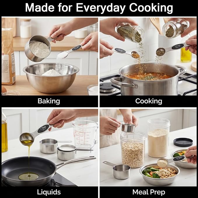 Magnetic Measuring Cups and Spoons Set, 17PCS Stainless Steel Dual-Sided Spoons with Built-in Leveler for Dry & Liquid Ingredients, Magnetic Nesting Design for Baking & Cooking(COLOR:silver)