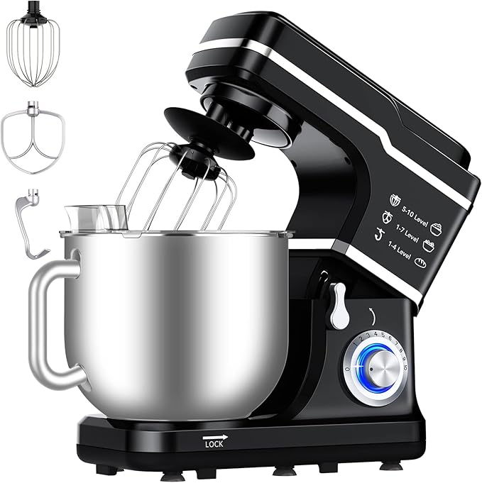 Garvee 7.5 QT Stand Food Mixer, 10-Speed Tilt Head 3 in-1 Kitchen Electric Mixer with Stainless Steel Bowl, Egg Whisk, Dough Hook, Beater, Splash Guard, Compact Dough Mixer for Home Cooks, Black