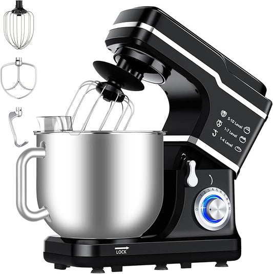 Garvee 7.5 QT Stand Food Mixer, 10-Speed Tilt Head 3 in-1 Kitchen Electric Mixer with Stainless Steel Bowl, Egg Whisk, Dough Hook, Beater, Splash Guard, Compact Dough Mixer for Home Cooks, Black