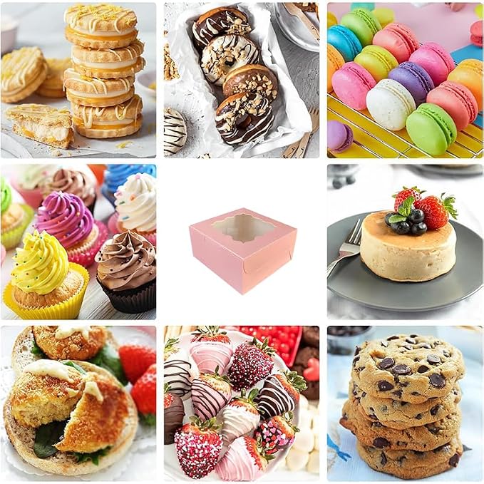 Generic 50Pcs (6x6x3 in) Mini Cake Boxes+3 stickers with Display Window for Gift Giving, Bakesale, Cupcakes, Dessert, Cookies, Pie, Macaroons, Donuts, Pastry, Kraft Paper Material… (50Pcs Pink)