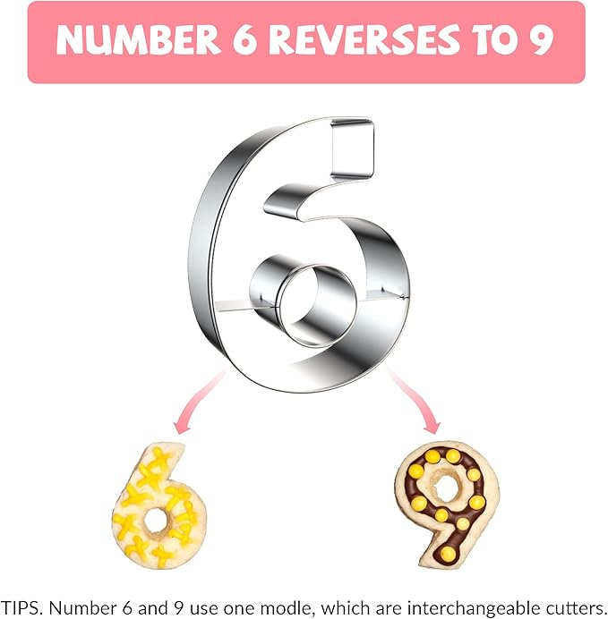 FUSOTO 9PCS Number Cookie Cutters Set, Birthday Numbers 0-8(6 Reverses to 9), Stainless Steel Cookie Cutters for Baking, Number Shaped Baking Tool for Homemaking Biscuits, Cookie, Dough