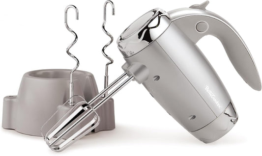 BETTY CROCKER Hand Blender 7 Speed, 250 Watt Electric Mixer with Beaters and Dough Hooks, Ergonomic Electric Hand Mixer for Home & Kitchen with Stand and Soft Touch Handle, Silver