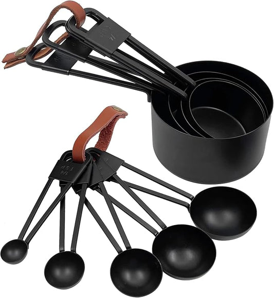 9PCS Black Stainless Steel Measuring Cups and Spoons Set, Heavy Duty Measuring Cup Set