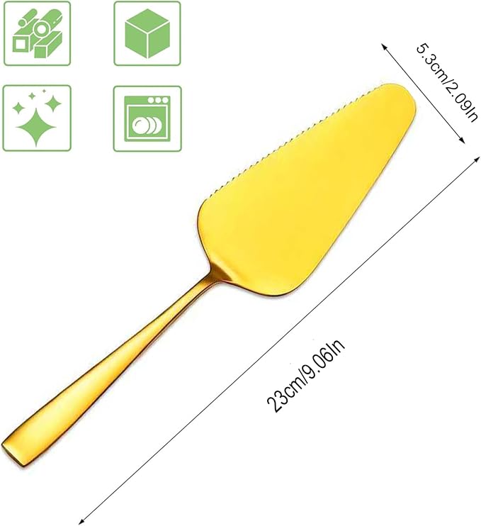 Cake Pie Servers, 9.06" Stainless Steel Pizza Pastry Slice Server, 2 PCS Gold Wedding Cake Cutter with Serrated Edges, Square Handle Cake Cutting Set for Wedding Brithday Parties and Events