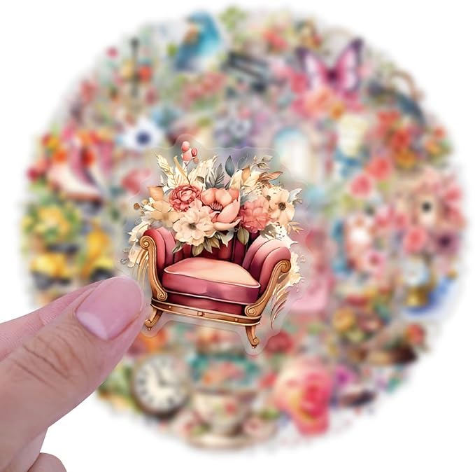 50Pcs Vintage Vogue Watercolor Floral Animal Stickers,PET Transparent Waterproof Girlish Style Sticker Decorative, for Journaling, Decoupage,Planners,laptops,Phone Case,DIY Gift Card Making(Floral)