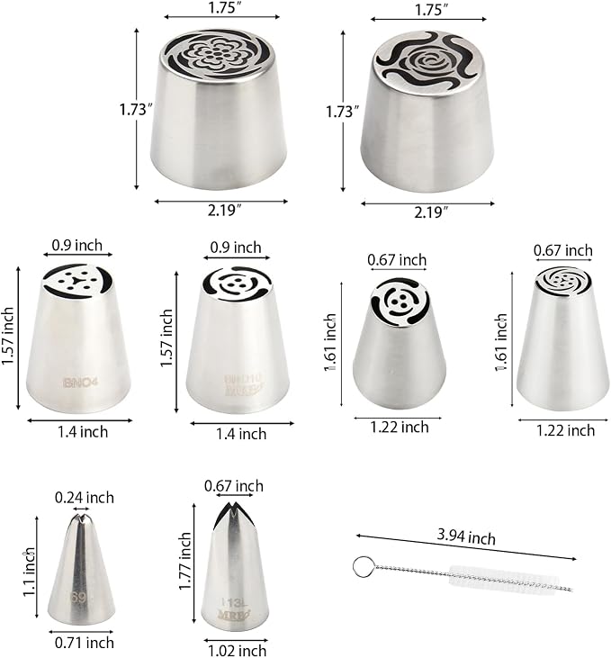 Extra Large Stainless Steel Russian Tulip Marshmallow Flower Nozzle Set, Contains 6 Flower Nozzle, 2 Leaf 1 Brush, For Cake Decorating, Pastry Baking Tools
