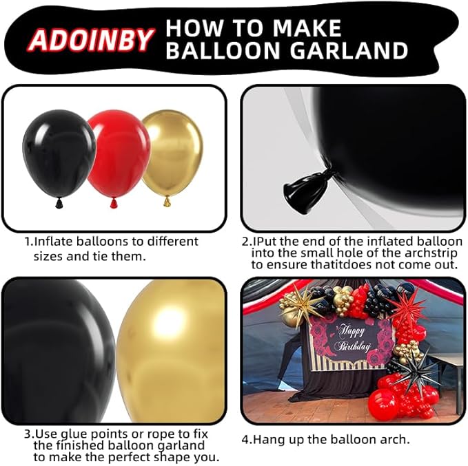 Red and Black Gold Balloon Arch Kit, 140Pcs Explosion Star Black and Red Metallic Gold Balloons 22 18 12 10 5 Inch Different Size Balloons for Birthday Casino Night Movie Night Decorations
