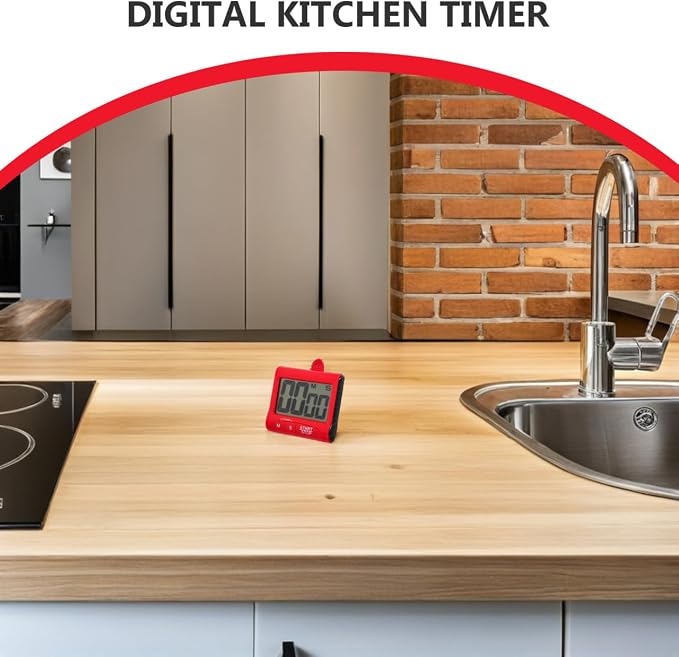 Garneck Red Digital Kitchen Timer with Large LCD Display Loud Alarm Magnetic Back and Easy Operation for Cooking Baking Games and Time Management