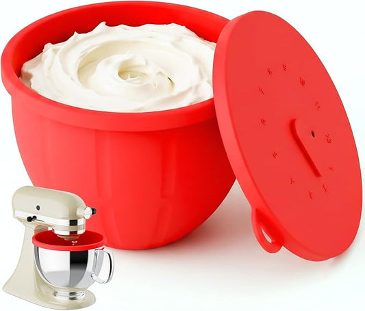 Silicone Liners for KitchenAid Mixers - Mixing Bowl Liners with Lid for 5 Qt Tilt-Head Stand Mixer, Kitchen Aid Accessories and Attachments with Measurement Markings & Timer Pointer, Red
