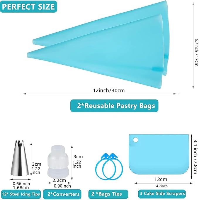 21pcs/set Cake Decorating Tools,Piping Bags and Tips Set;with 2pcs Reusable Icing Pastry Bags,Set Of 3 Scrapers,12 Different Icing Bags Tips, 2 Piping Bags Couplers and 2 Frosting Bags Ties
