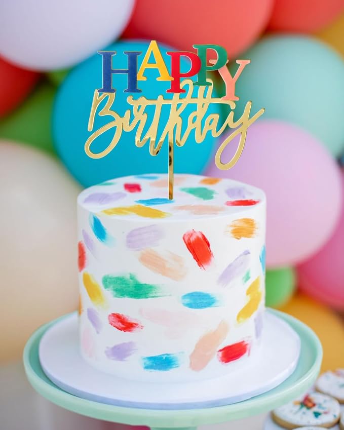 Acrylic Birthday Cake Topper, 7.5" x 6" Happy Birthday Sign for Cake (Gold & Rainbow)