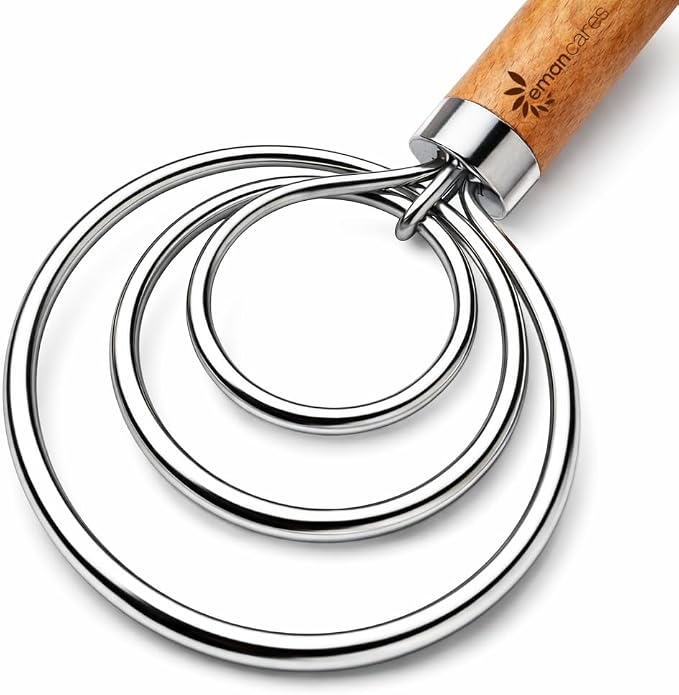 Danish Dough Whisk for Sourdough – Thick Stainless Steel Dutch Whisk with Ergonomic Oak Handle – Heavy-Duty Dough Mixer for Bread & Baking