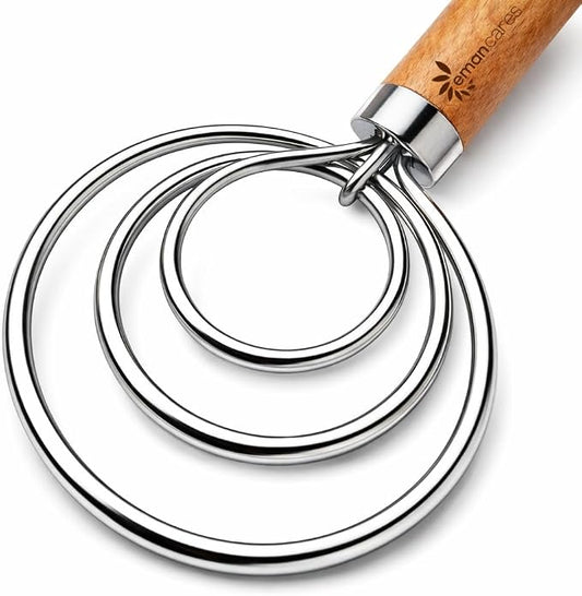 Danish Dough Whisk for Sourdough – Thick Stainless Steel Dutch Whisk with Ergonomic Oak Handle – Heavy-Duty Dough Mixer for Bread & Baking
