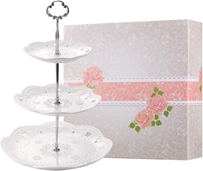 3-Tier Porcelain Cupcake Stand Serving Tray - White Embossed Elegant Dessert Cake Stand - Pastry Serving Stand for Tea Party, Wedding and Birthday