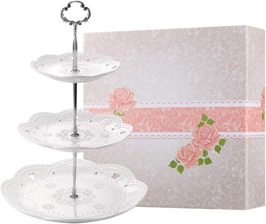3-Tier Porcelain Cupcake Stand Serving Tray - White Embossed Elegant Dessert Cake Stand - Pastry Serving Stand for Tea Party, Wedding and Birthday