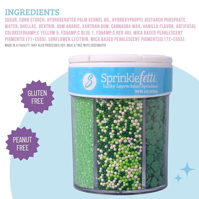 Sweets Indeed St Patricks Day 6 Cell Sprinkles Jar – Green Shamrock Quins, Green and Gold Sugar, Circle Quins and Nonpareils for Baking & Decorating Cupcakes, Cookies, Cakes & Desserts – 6.45 ounces