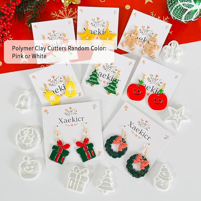 Xaekicr Christmas Polymer Clay Cutters Set – 8pcs Holiday Clay Earring Cutters for Polymer Clay Jewelry DIY – Santa, Tree, Snowman, Gift – Clay Tools & Molds