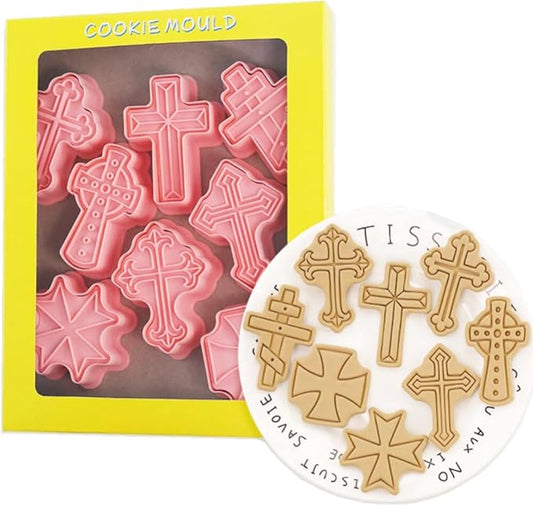 8 Pieces Cute Christian Cross Cookie Cutters Plastic Cookie Stamps Cookie Mould Press Cross Cookie Mould Set Baking Kitchen Tools (Cross 1227B)