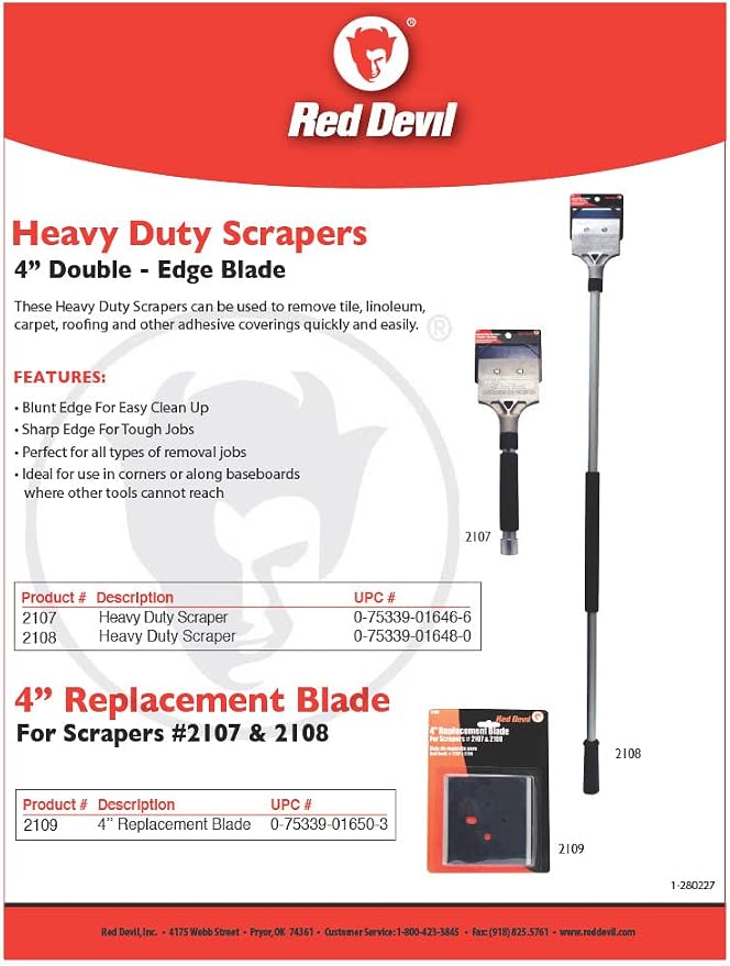 Red Devil 2107 Short Handle Heavy Duty Floor Scraper with 4-Inch Double Edge Steel Blade, Cushioned Grip Handle for Tile, Linoleum, and Carpet Removal
