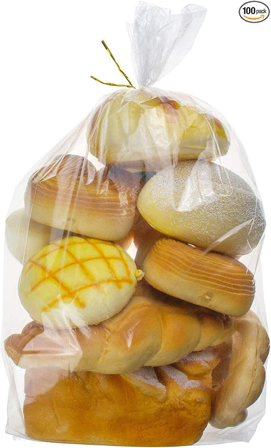 Plastic Bread Bags With Ties, 50 Pcs Printed Loaf Bags for Homemade Bread, Sourdough and Bakery Food - 8x18 Inch with 4" Side Gusset
