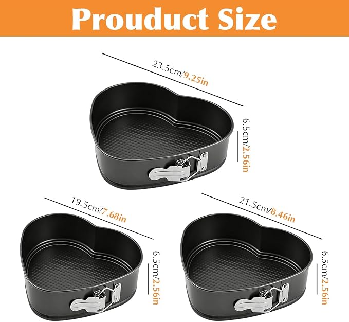 Set of 3 Springform Cake Tins Heavy Duty, Double Layer Non-Stick Coating, Removable Base, Heavy Duty Carbon Steel, Perfect for Frozen Desserts - Oven Safe Bakeware (heart-shaped)