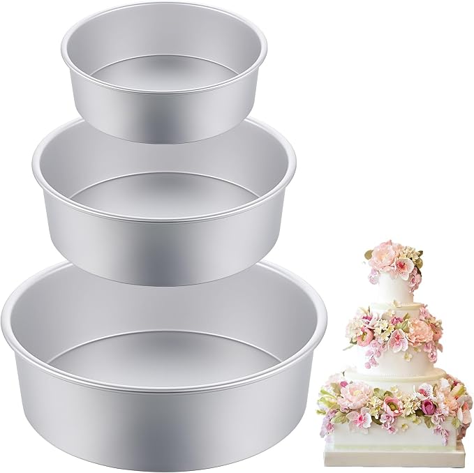 3 Pack Cake Pan Round, 6 inch/8 inch/10 inch Aluminum Baking Pans for Layer Cakes Metal Tier Cake Tins Heavy Duty Non-Stickfor Birthday Wedding Party, Home Kitchen, 3inch Depth