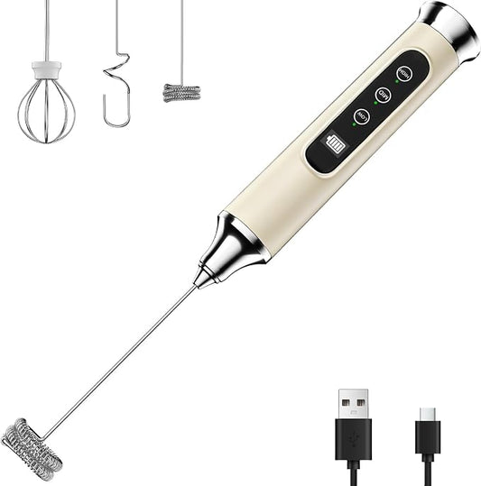 YUSWKO Milk Frother Wand for Coffee, Coffee Frother Handheld Drink Mixer | Rechargeable Mixer Wand, Waterproof Electric Whisk for Protein Powder, Lattes, Cappuccino, 3 Variable Speeds 3 Whisks, Beige